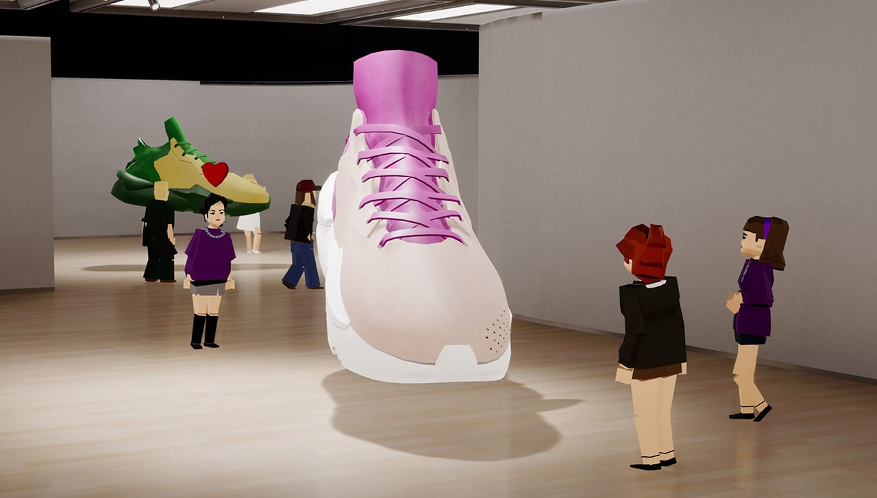 People playing as avatars in virtual reality metaverse shop, discussing new sneaker model during the presentation. Fashion retail concept, sport gamification. Generic 3d rendering